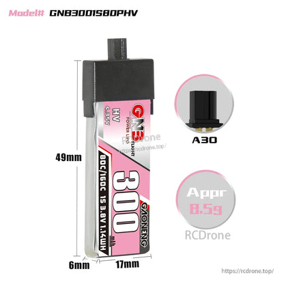 GNB3001S80PHV battery dimensions diagram (49×17×6mm) with A30 connector close-up and weight note