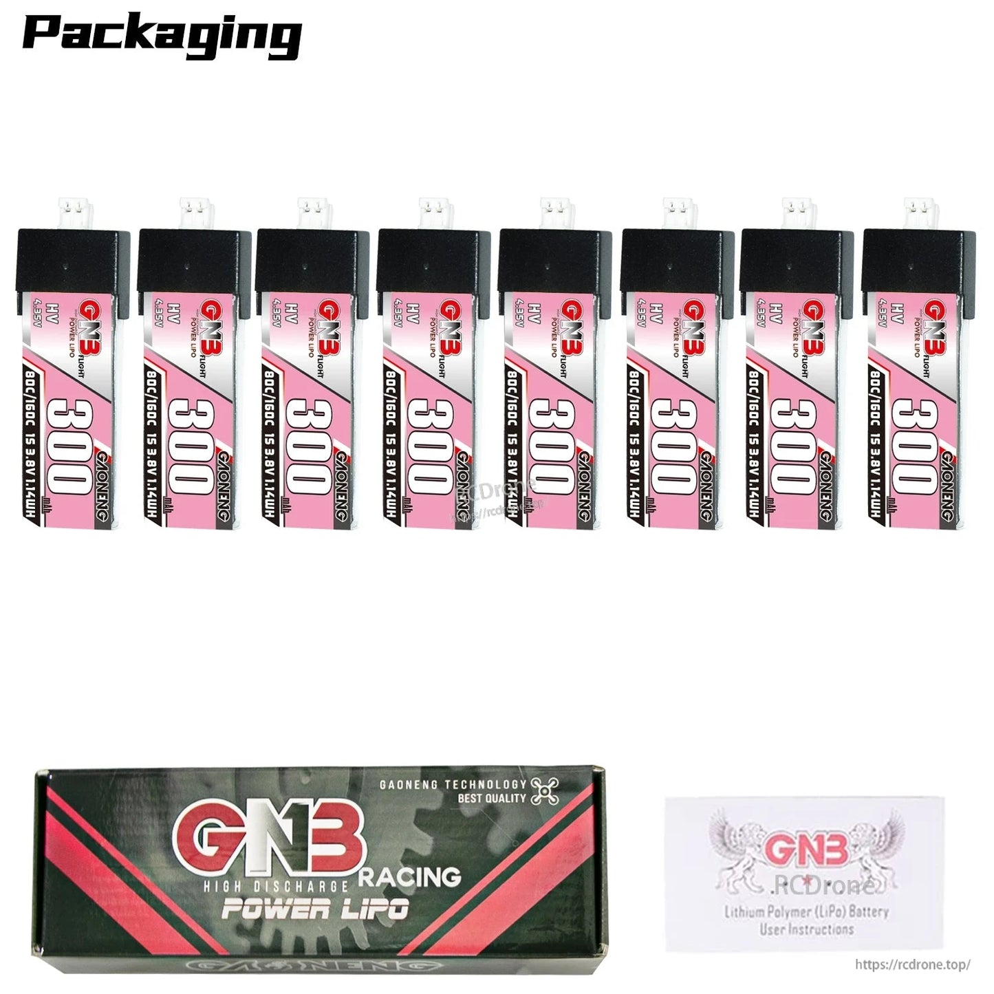 Packaging contents: 8 GNB 300mAh HV 1S batteries with GNB Racing Power LiPo box and manual card