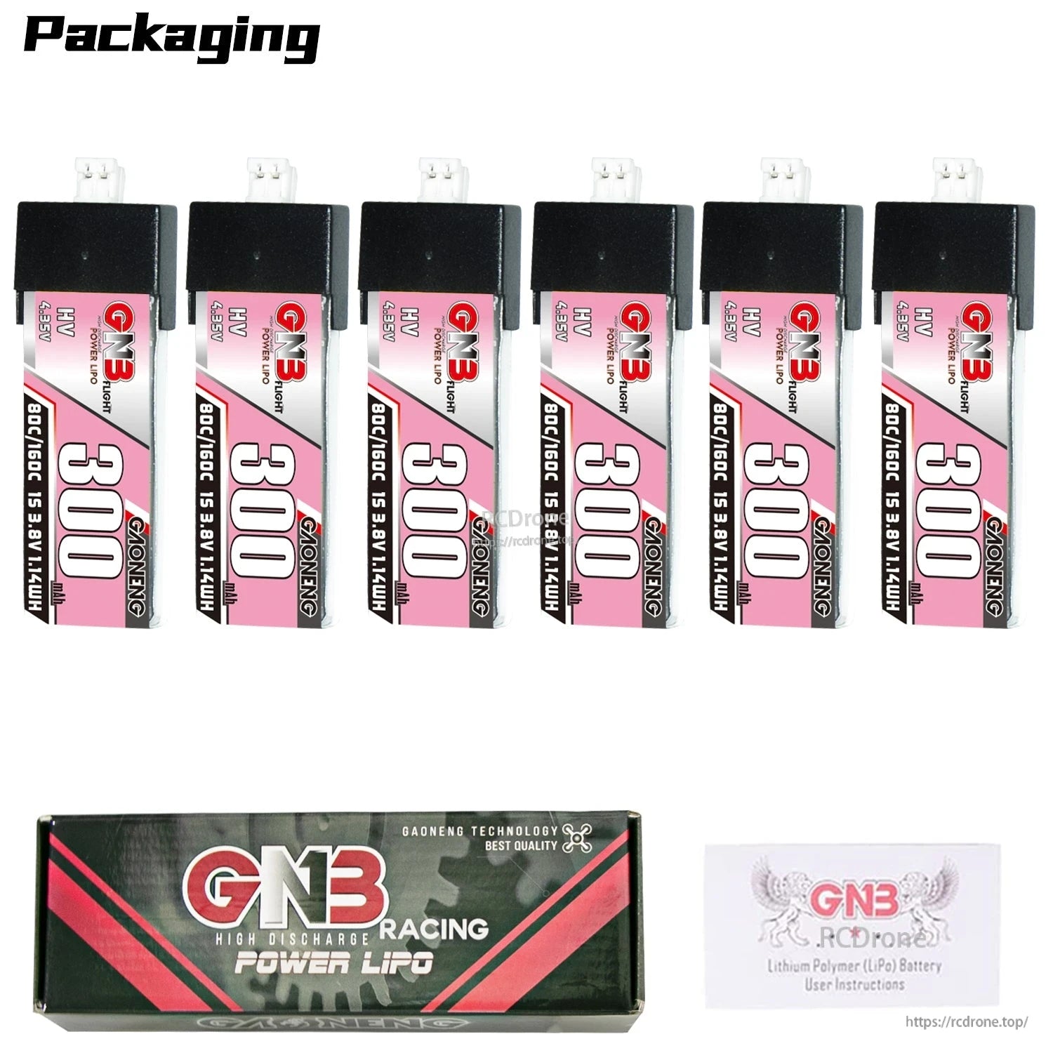 Packaging contents: 6 GNB 300mAh HV 1S batteries with GNB Racing Power LiPo box and manual card