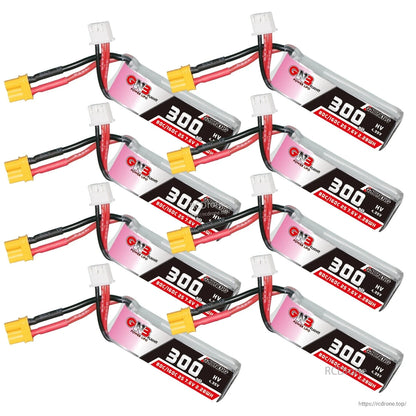 Eight GNB 300mAh HV LiPo batteries arranged in rows, showing XT30 connectors and balance plugs
