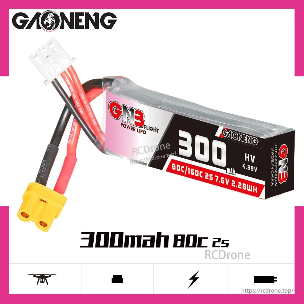 GAONENG GNB 300mAh 80C 2S LiHV battery promo graphic with product photo and feature icons