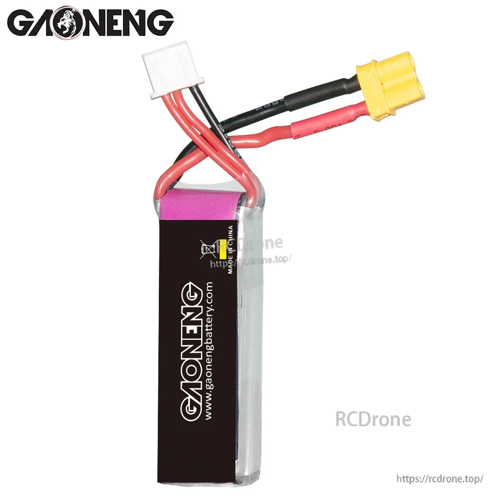 Rear/side view of GAONENG LiHV battery showing GAONENG branding panel and attached XT30 lead