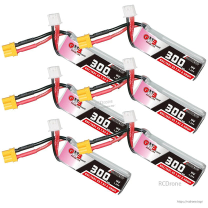 Six-pack layout of GNB 300mAh 2S HV batteries arranged diagonally, showing labels and XT30 connectors