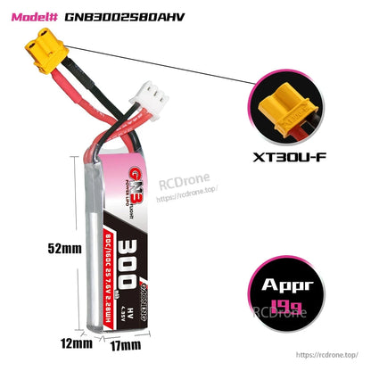 GNB3002S80AHV battery size diagram (52×17×12mm) with XT30U-F connector callout