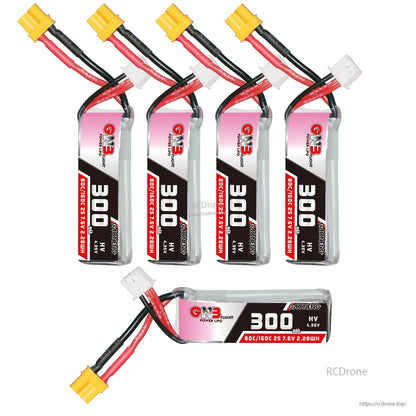 Mixed-angle group photo of GNB 300mAh HV batteries showing multiple units and connector orientation