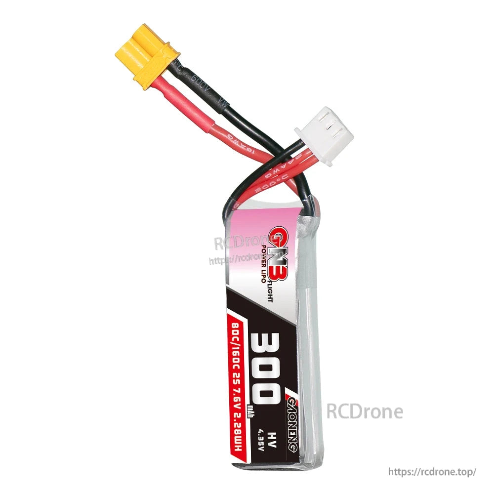 Upright front view of GNB 300mAh HV LiPo battery with red/black leads, XT30 plug, and balance connector