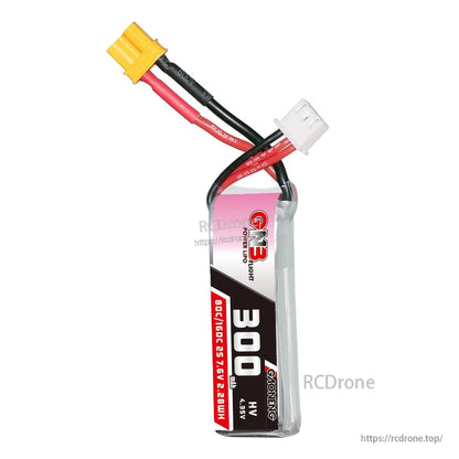 Upright front view of GNB 300mAh HV LiPo battery with red/black leads, XT30 plug, and balance connector