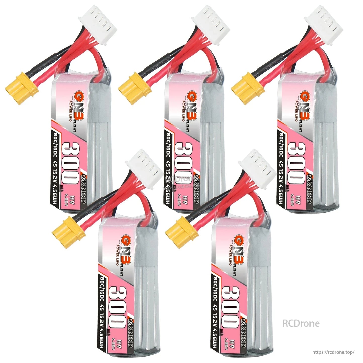 Five GNB 300 HV LiPo batteries shown as a bundle, each with XT30 plug and balance connector (5 pack layout)