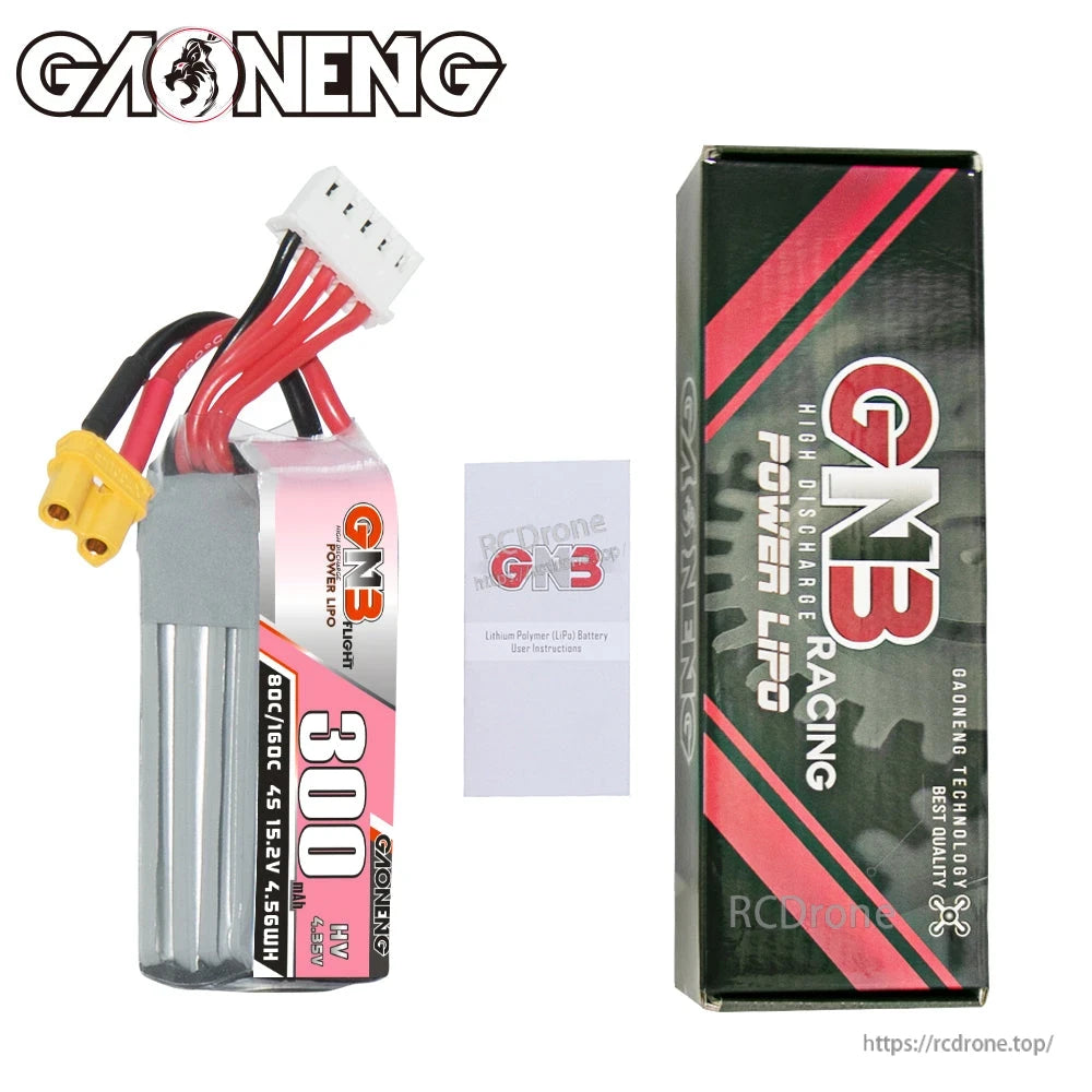 Package contents: GNB 300 HV 4S battery, GNB Racing box, and small instruction leaflet