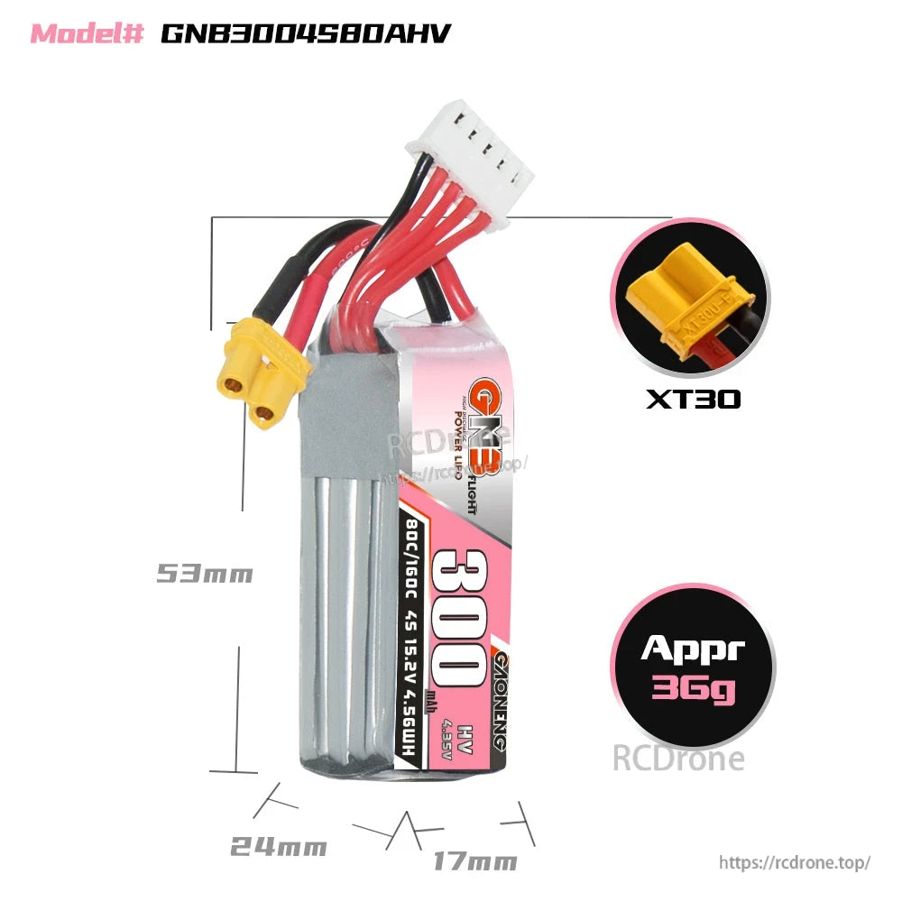 Size and weight diagram for GNB3004S80AHV battery: 53 x 24 x 17 mm, approx 36 g, XT30 plug shown