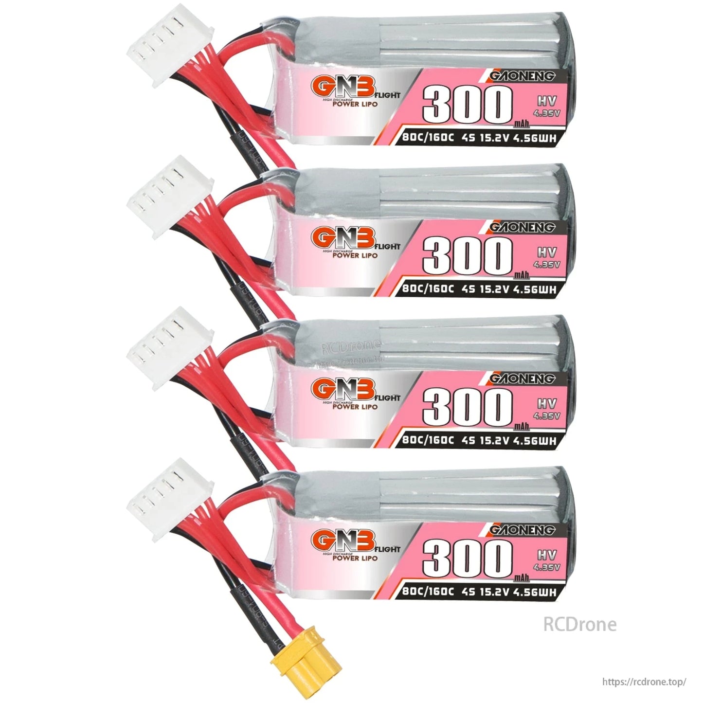 Four GNB 300 HV batteries stacked side-by-side with label facing out and XT30 leads visible (4 pack layout)