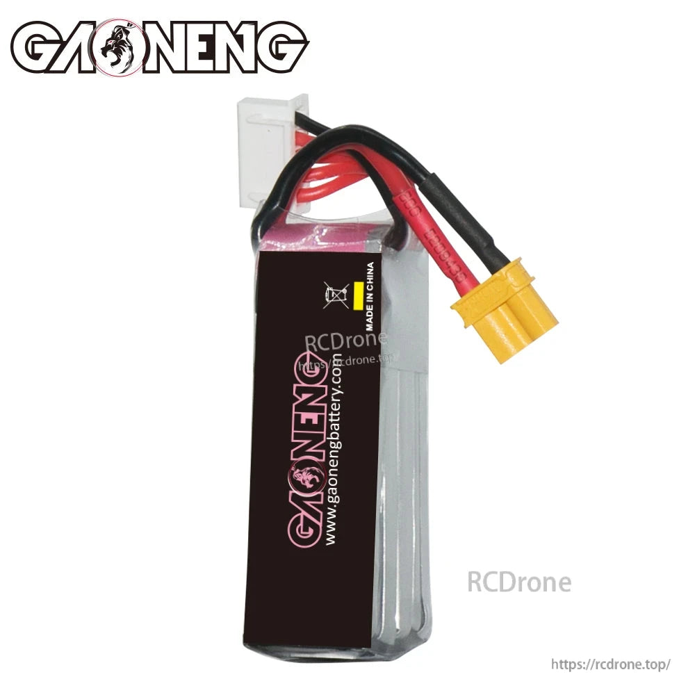 Rear/side view of GAONENG battery showing black GAONENG branding panel and attached XT30 power lead