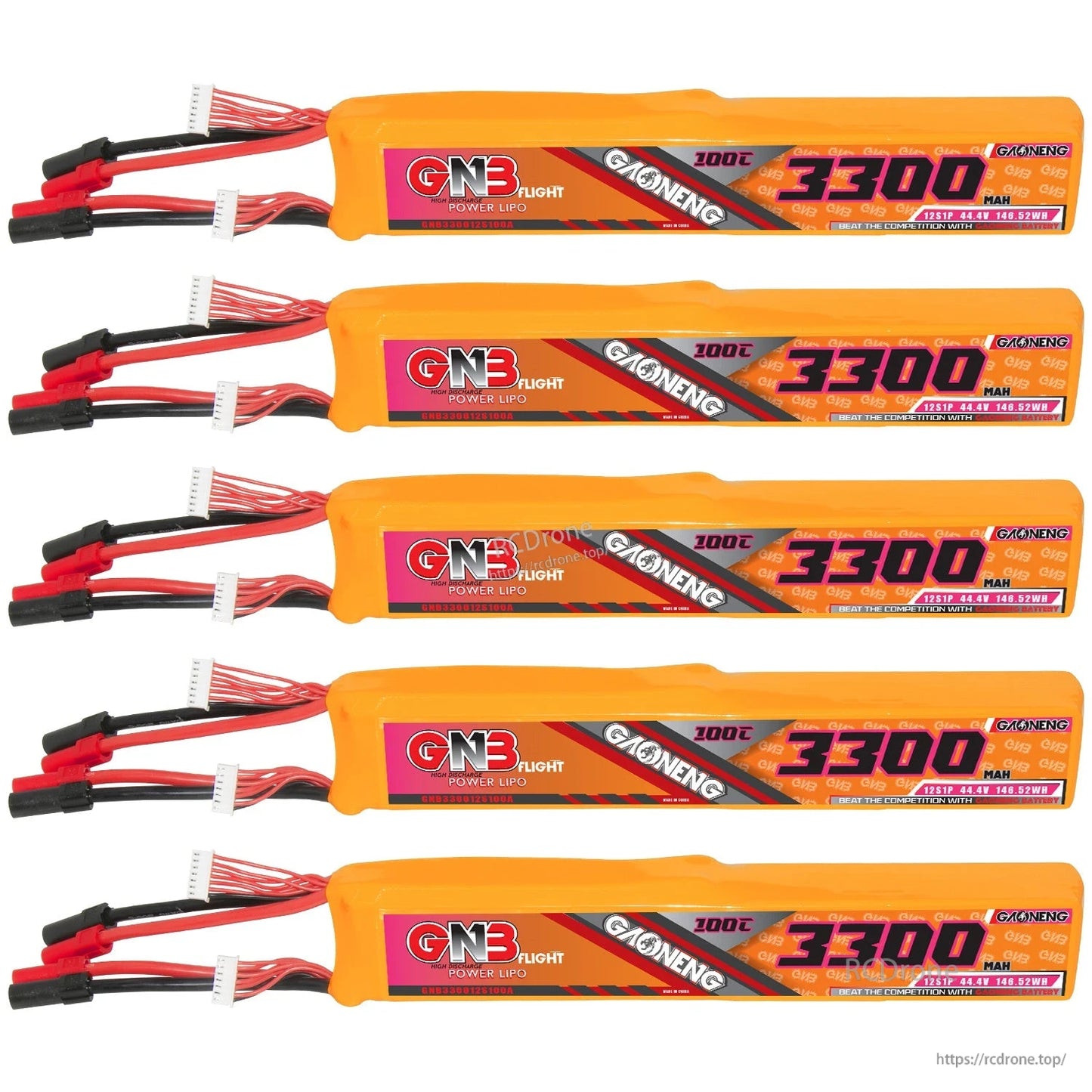 Five GAONENG GNB 3300mAh battery packs displayed, horizontal stack with leads on left