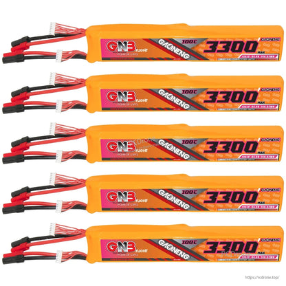 Five GAONENG GNB 3300mAh battery packs displayed, horizontal stack with leads on left