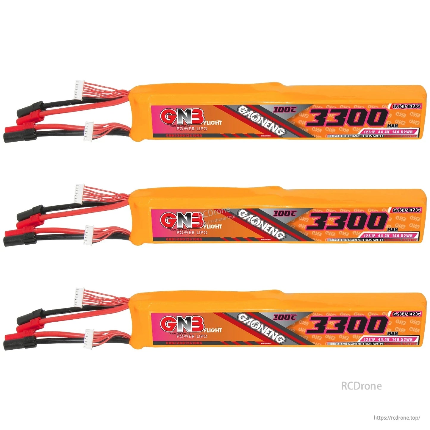 Three GAONENG GNB 3300mAh battery packs displayed in a row with leads on left