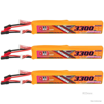 Three GAONENG GNB 3300mAh battery packs displayed in a row with leads on left