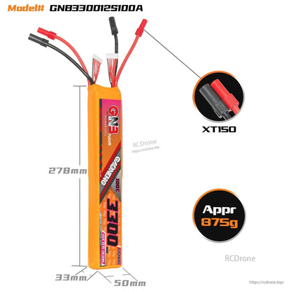 Dimension diagram for GNB330012S100A battery showing 278×50×33 mm, XT150 plug, approx 875 g