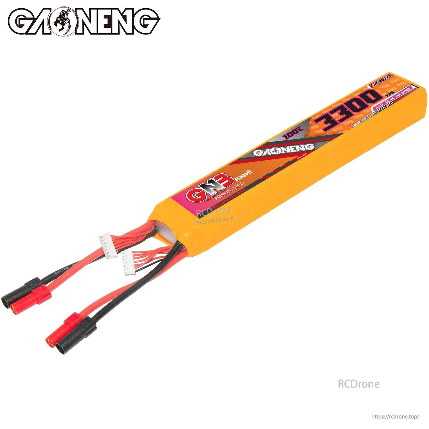 Angled view highlighting battery wire harness and balance plugs on GAONENG GNB pack