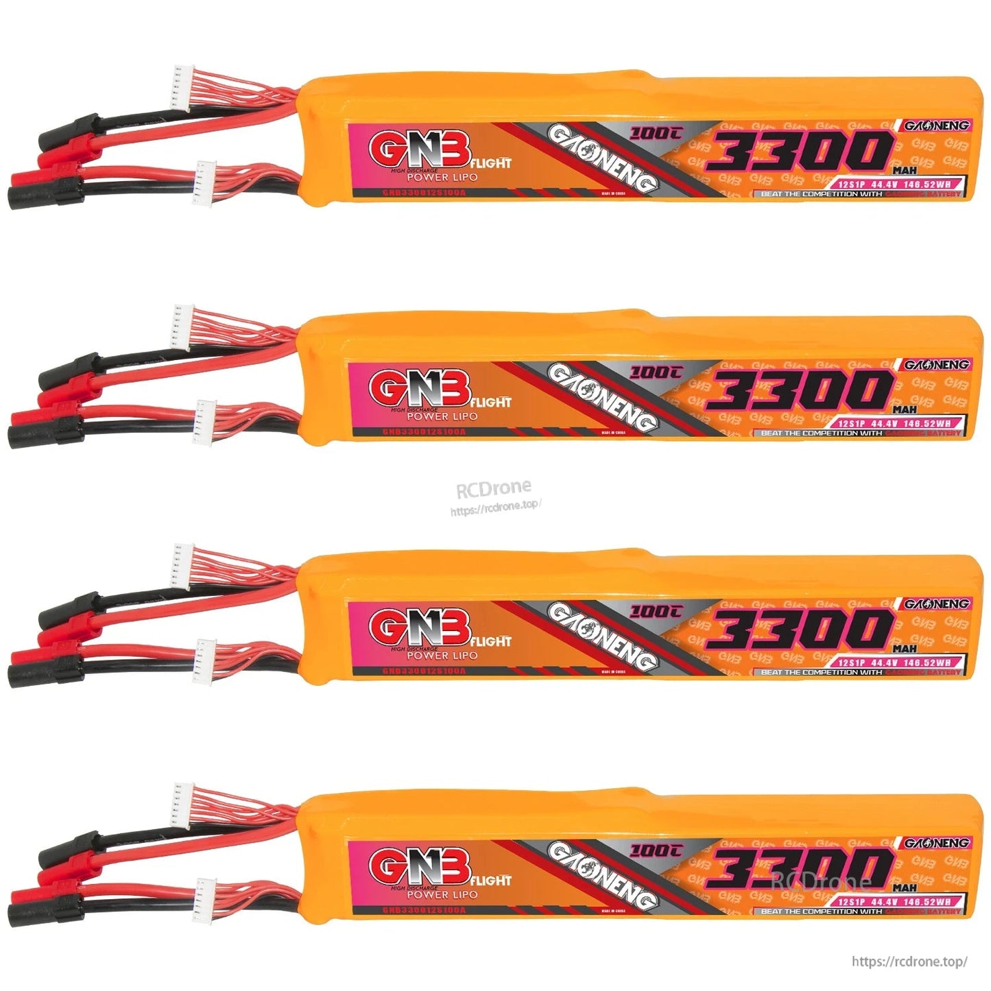 Four GNB 3300mAh battery packs shown stacked vertically with XT150 leads and balance connectors