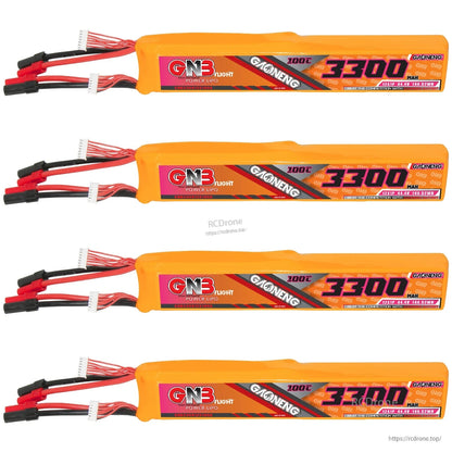 Four GNB 3300mAh battery packs shown stacked vertically with XT150 leads and balance connectors