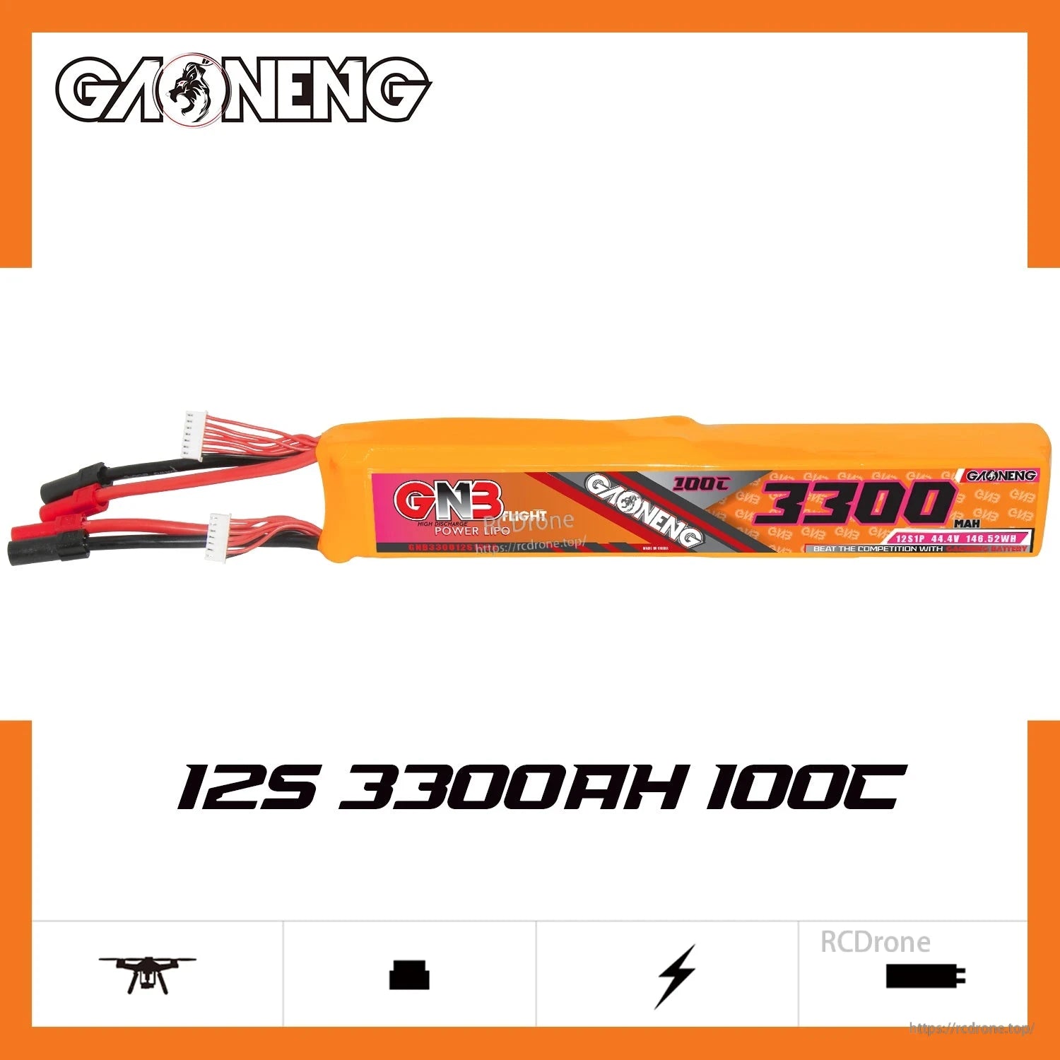 GAONENG GNB battery side profile graphic showing 12S 3300mAh 100C on label