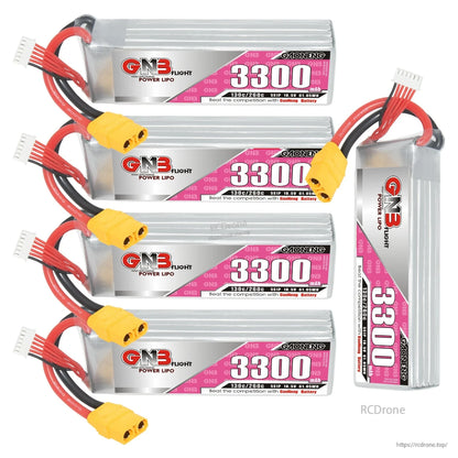 Five GNB 3300mAh LiPo batteries set, four horizontal plus one vertical showing side label