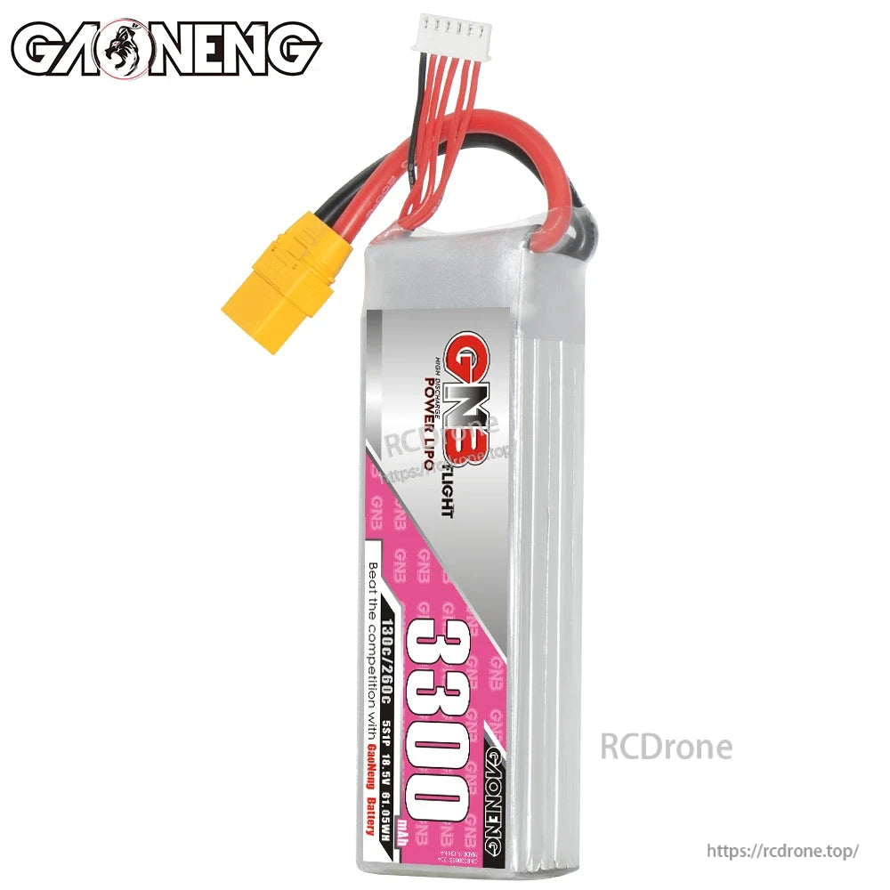 Side profile view of GNB 3300mAh LiPo battery showing thickness and wire exit at top
