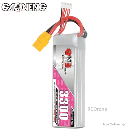 Side profile view of GNB 3300mAh LiPo battery showing thickness and wire exit at top