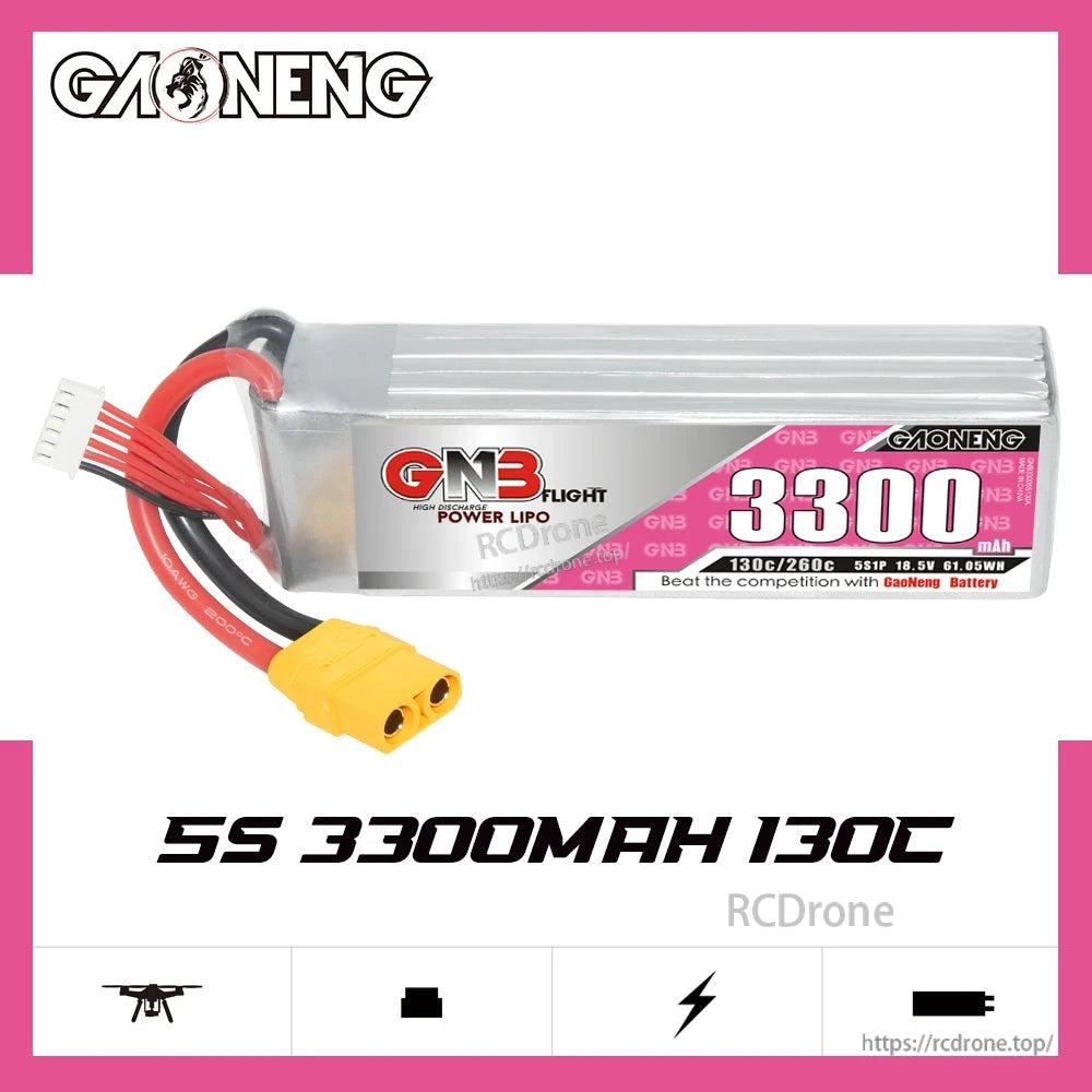 GAONENG GNB 5S 3300mAh 130C LiPo battery product graphic with specs and icons on white background