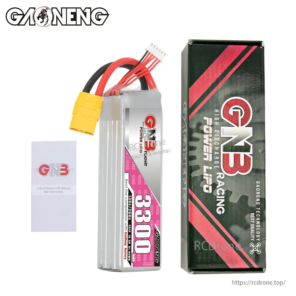 Package contents: GNB 3300mAh LiPo battery with branded retail box and instruction leaflet
