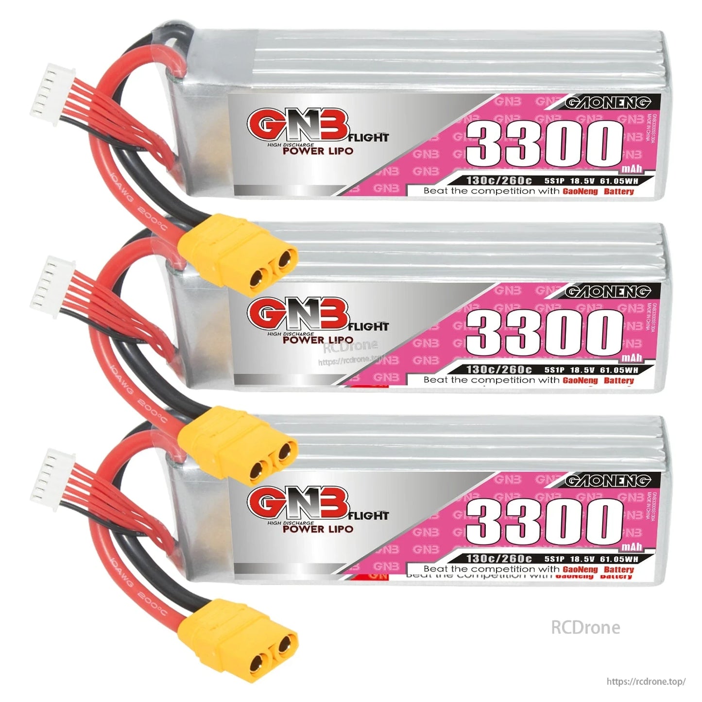 Three GNB 3300mAh LiPo batteries stacked horizontally, each with XT90 plug and balance lead