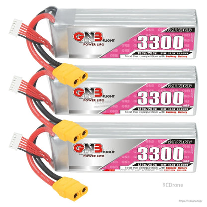 Three GNB 3300mAh LiPo batteries stacked horizontally, each with XT90 plug and balance lead