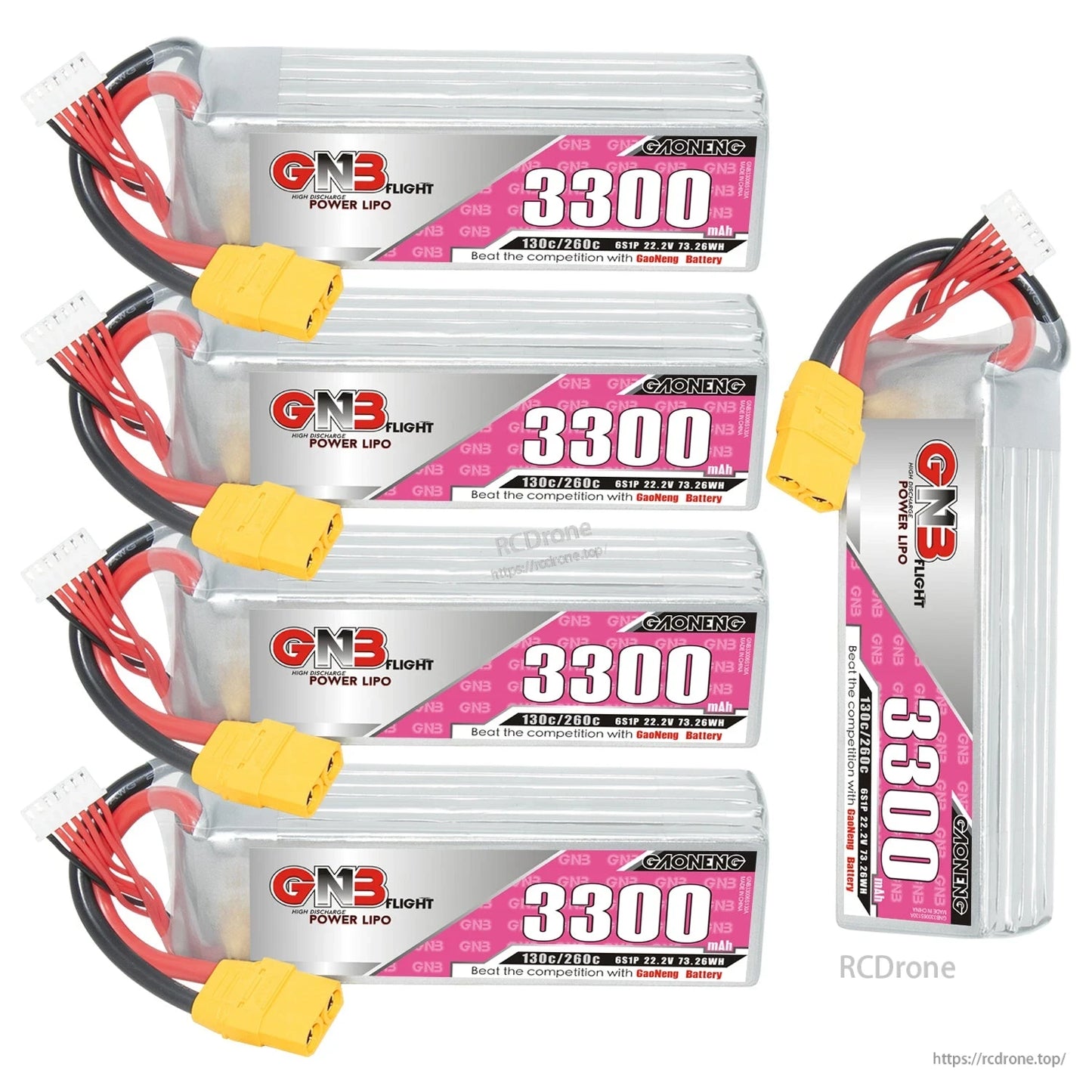 Five-pack display: four horizontal GNB 3300mAh batteries plus one upright pack, XT90 connectors shown