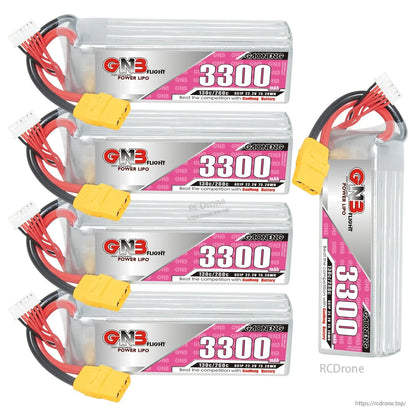 Five-pack display: four horizontal GNB 3300mAh batteries plus one upright pack, XT90 connectors shown