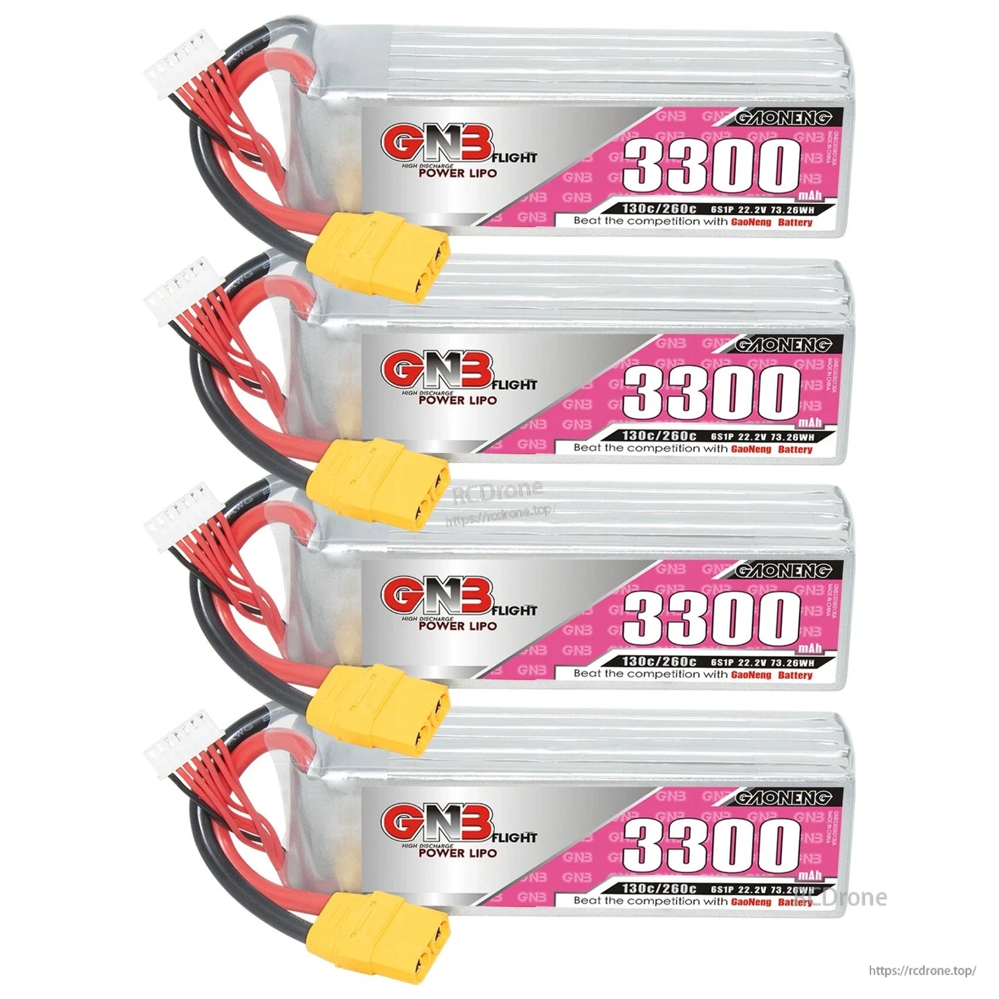 Four GNB 3300mAh LiPo packs stacked, showing labels, XT90 power leads and white balance connectors
