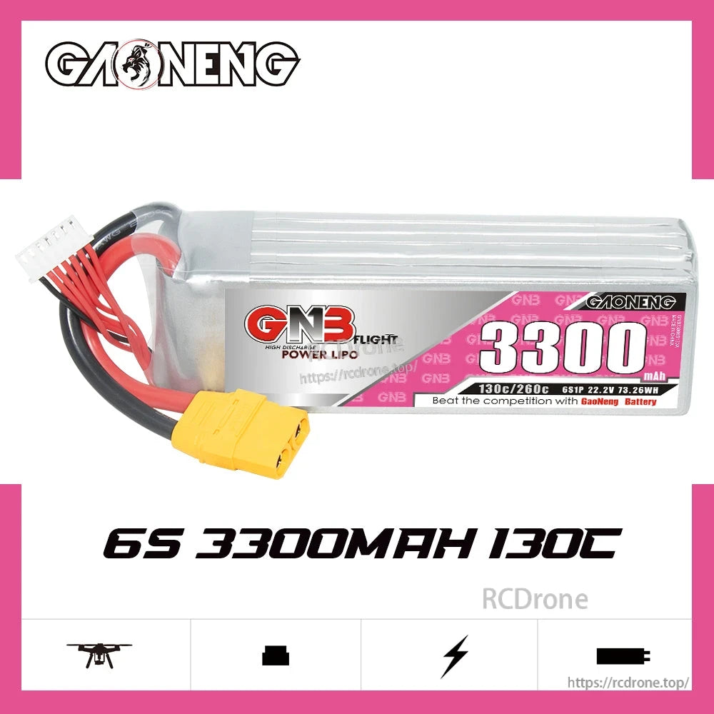 GNB33006S130A 6S 3300mAh 130C LiPo battery graphic showing 22.2V rating and label details