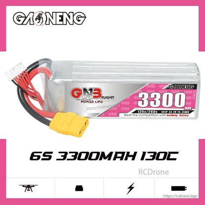 GNB33006S130A 6S 3300mAh 130C LiPo battery graphic showing 22.2V rating and label details