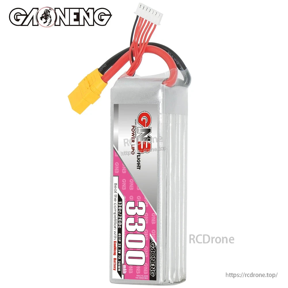 Side profile of GNB 3300mAh LiPo battery standing upright with XT90 lead and balance connector