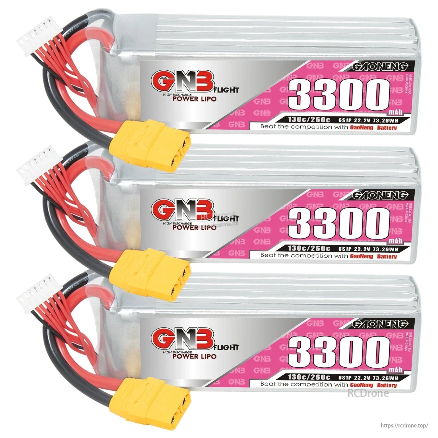 Three GNB 3300mAh LiPo batteries stacked horizontally, each with XT90 connector and balance plug