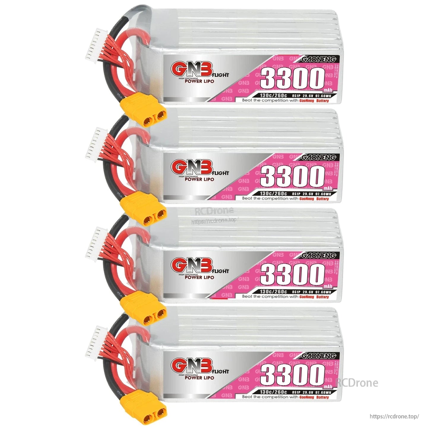 Four GNB 3300 LiPo batteries stacked vertically with XT90 connectors aligned on the left