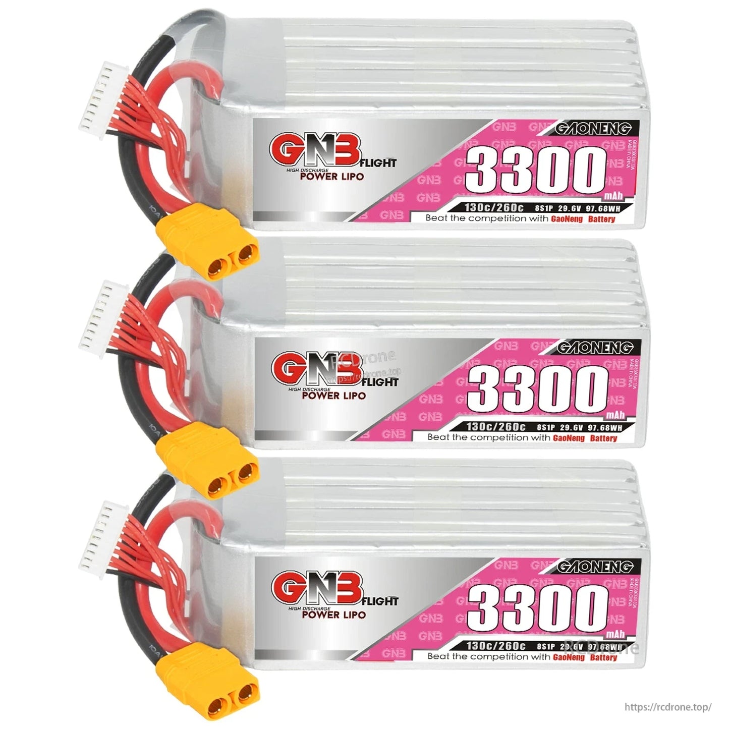 Three GNB 3300 LiPo batteries stacked, each with XT90 connector and balance lead visible