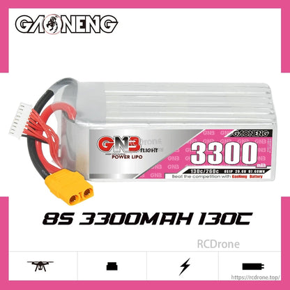 GAONENG GNB 8S 3300mAh 130C LiPo battery product graphic with label and specs banner
