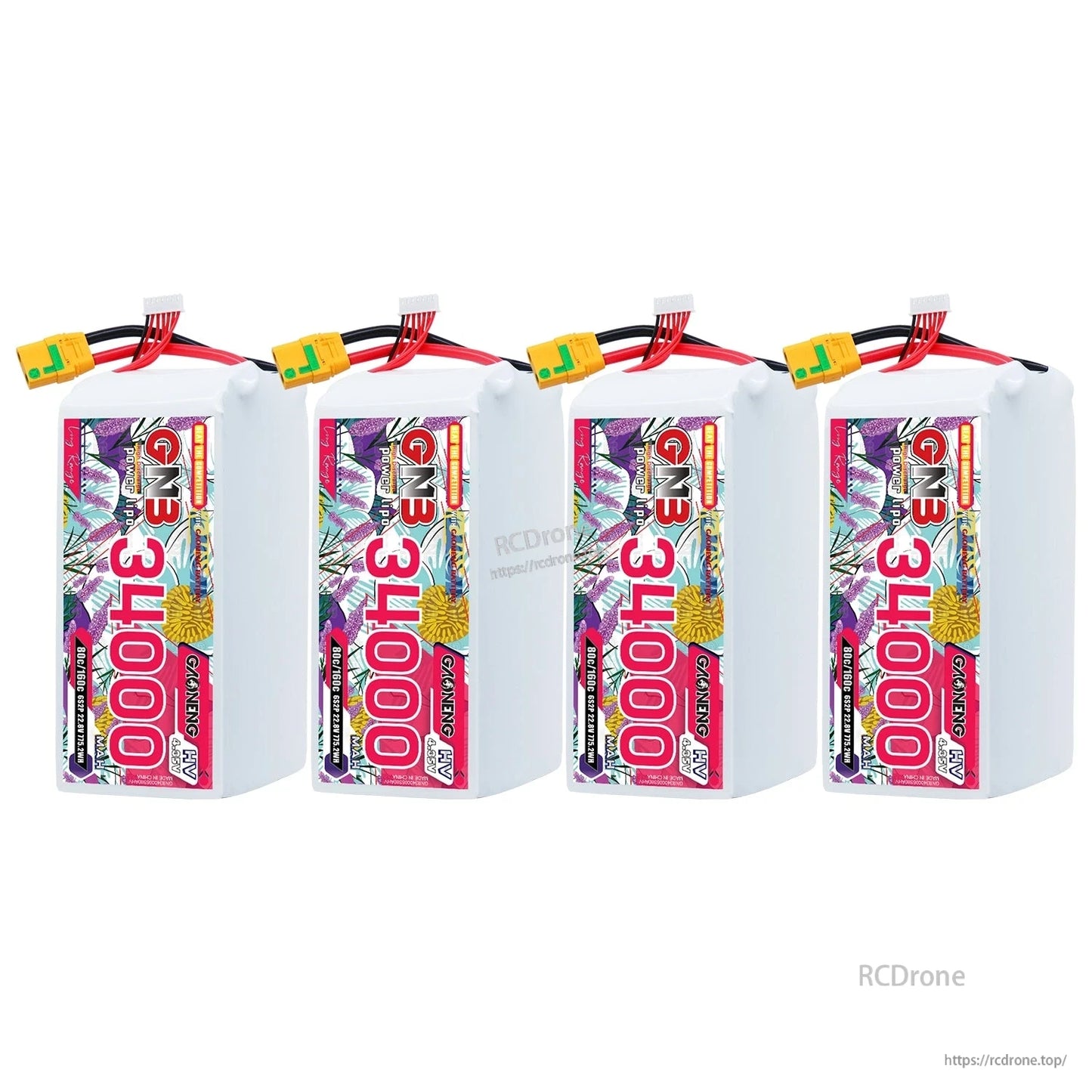 Four GAONENG GNB 34000 battery packs shown in a row, label side facing forward