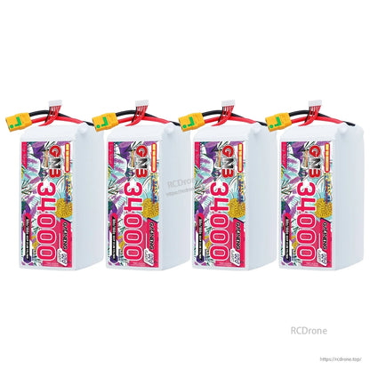 Four GAONENG GNB 34000 battery packs shown in a row, label side facing forward