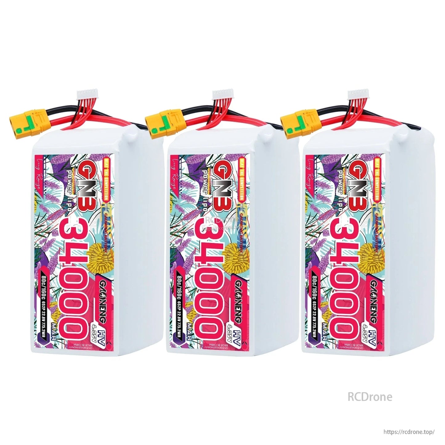 Three GAONENG GNB 34000 battery packs lined up, showing label sides and XT90S leads