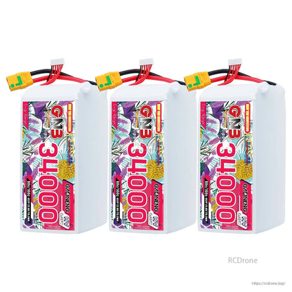 Three GAONENG GNB 34000 battery packs lined up, showing label sides and XT90S leads