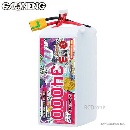 Front label view of GAONENG GNB 34000 battery pack with XT90S connector and balance plug