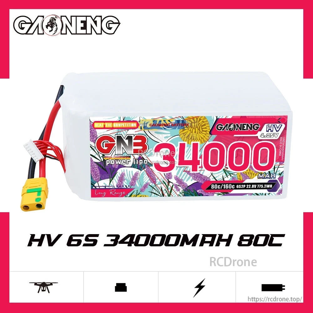 GAONENG GNB HV 6S 34000mAh 80C LiPo battery product graphic, side label view with leads