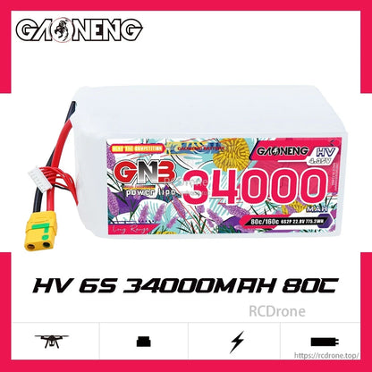 GAONENG GNB HV 6S 34000mAh 80C LiPo battery product graphic, side label view with leads