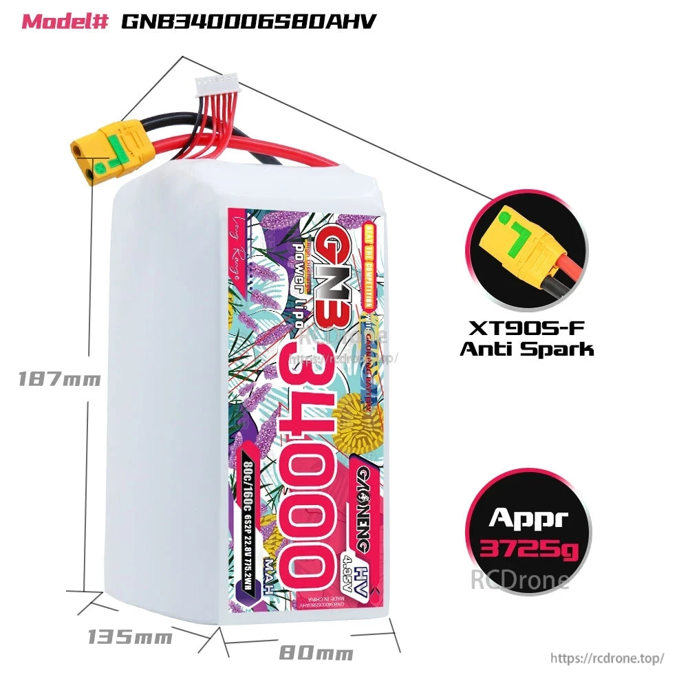 GNB340006S80AHV battery size diagram showing 187×135×80 mm and XT90S-F anti-spark connector